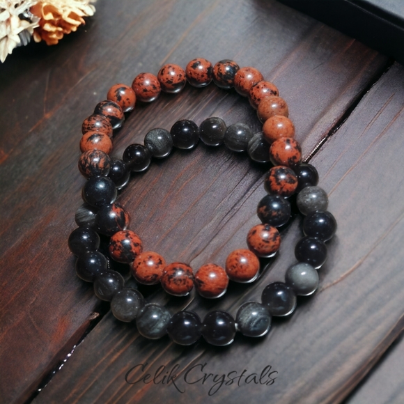 Mahogany & Silver Obsidian Bracelet Stack 2 Pieces 8mm Natural Stones Unisex - Picture 5 of 5